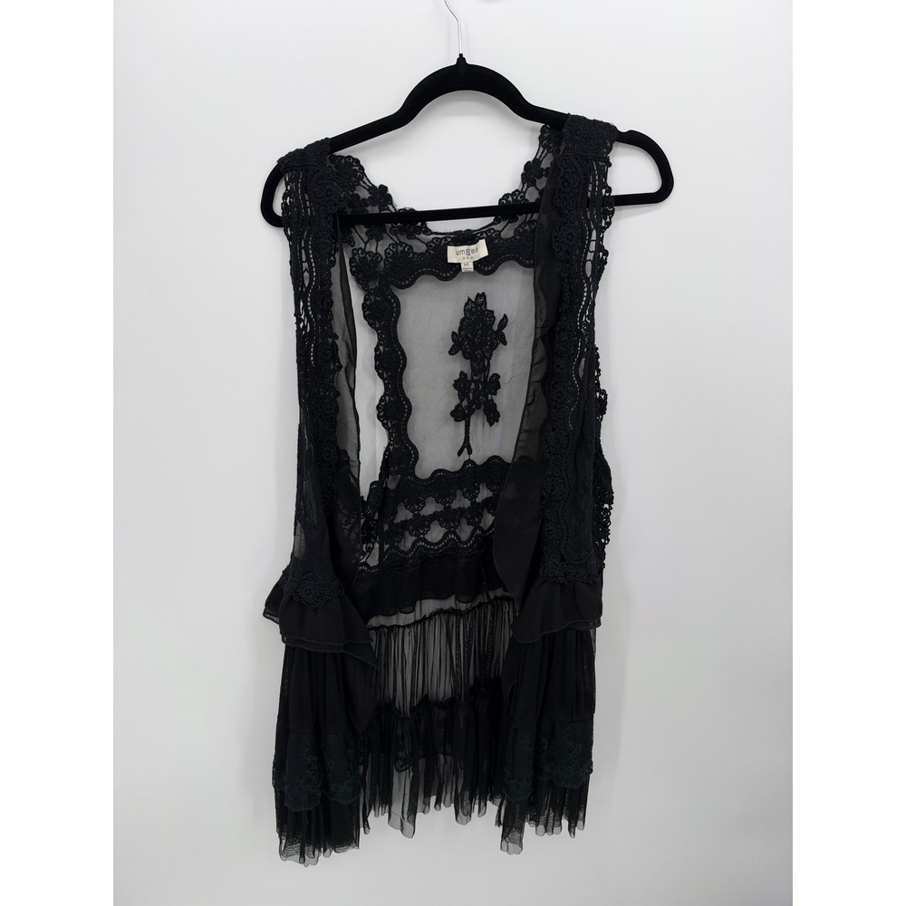 Umgee USA Black Lace Mesh Ruffle Vest Bohemian Floral Embroidery Size M/L